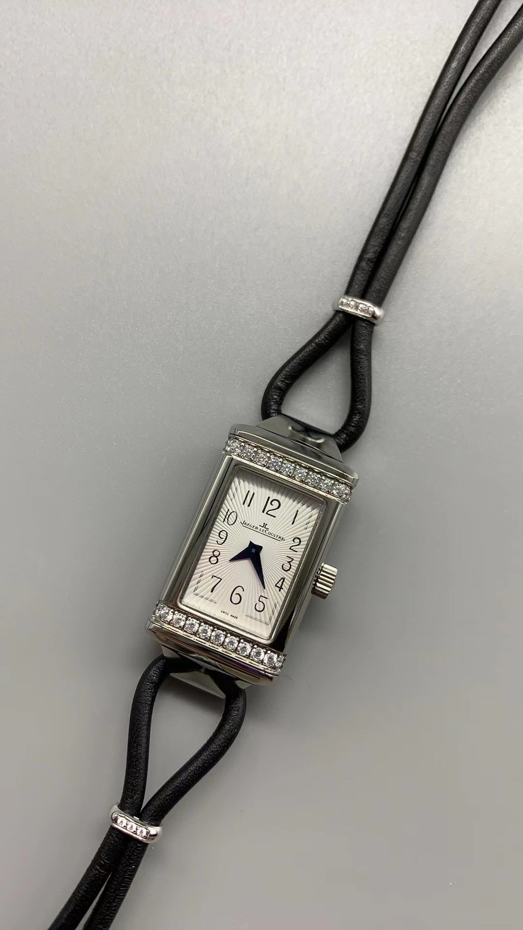 Jaeger-LeCoultre Reverso One Duetto Jewelry | 40×20MM | Stainless steel case | Diamond-set bezel | Silver dial | Black thin leather strap | Manual winding movement