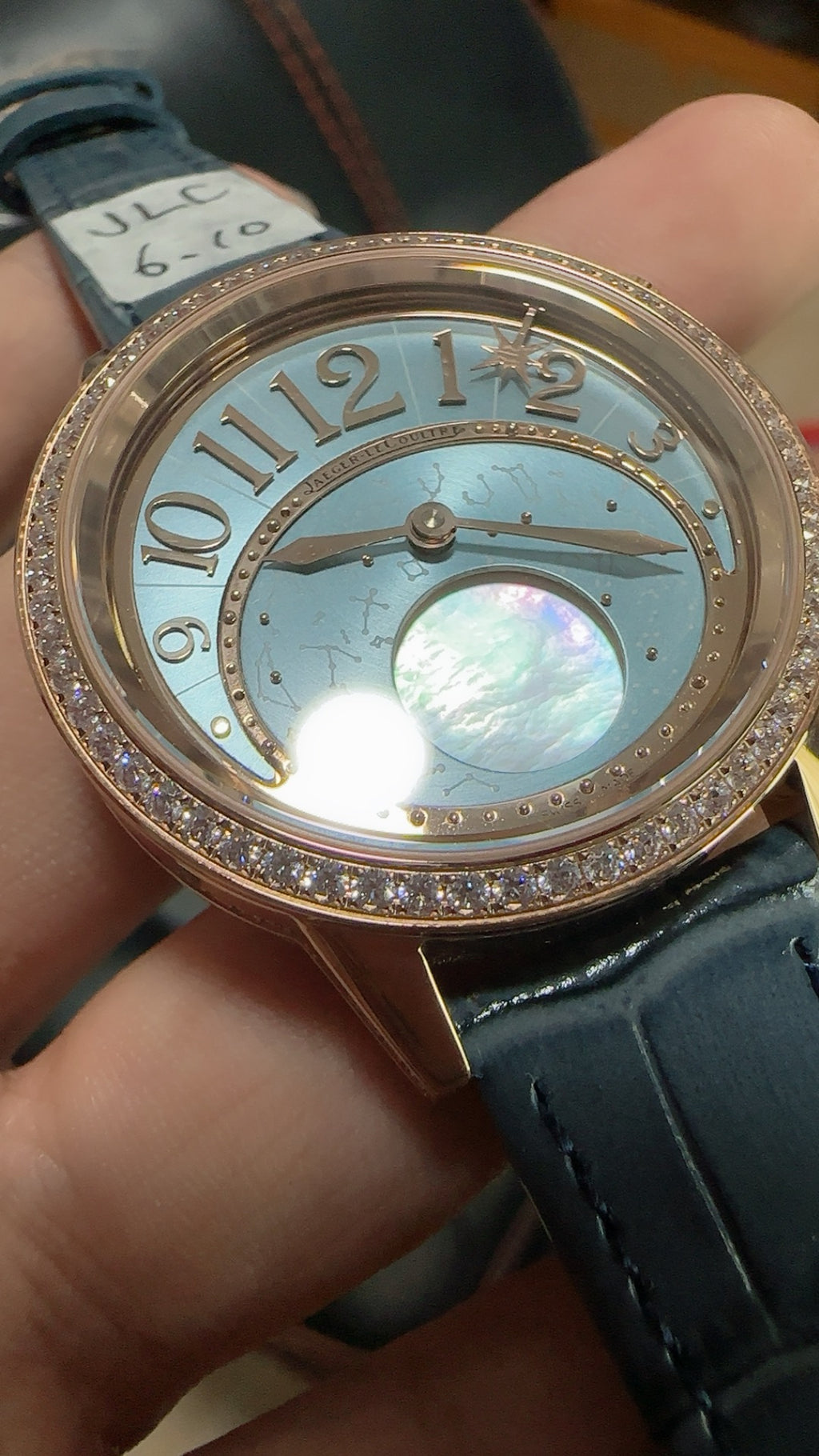 Jaeger-LeCoultre Rendez-Vous Star | 36MM | Rose gold-plated stainless steel case | Diamond-set bezel | Falling star function | Blue dial | Blue alligator strap | Automatic movement Cal.734