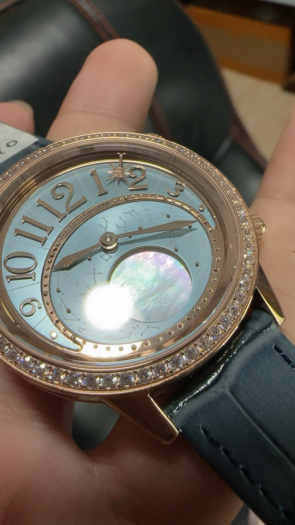 Jaeger-LeCoultre Rendez-Vous Star | 36MM | Rose gold-plated stainless steel case | Diamond-set bezel | Falling star function | Blue dial | Blue alligator strap | Automatic movement Cal.734