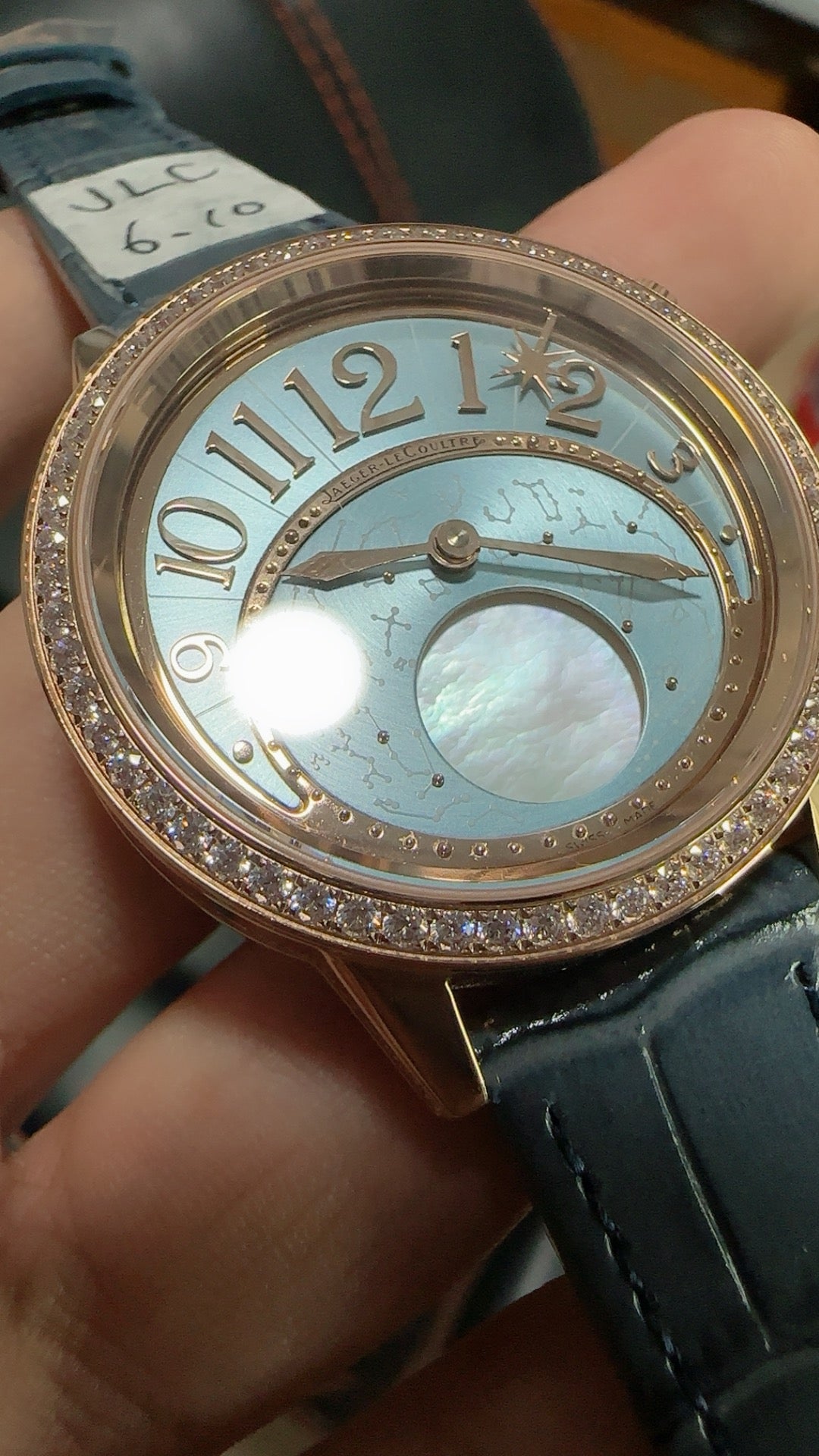 Jaeger-LeCoultre Rendez-Vous Star | 36MM | Rose gold-plated stainless steel case | Diamond-set bezel | Falling star function | Blue dial | Blue alligator strap | Automatic movement Cal.734