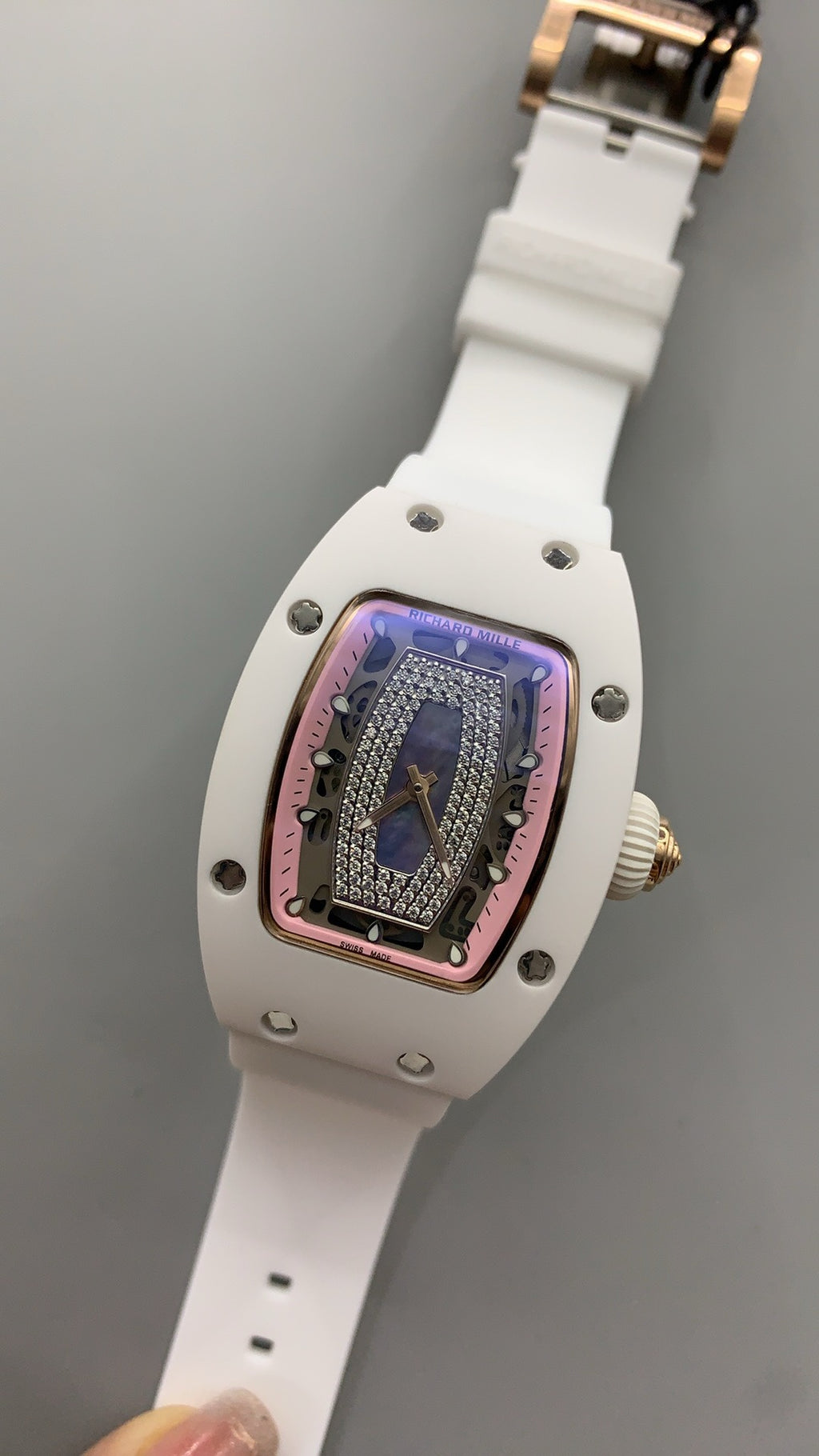 Richard Mille RM07-01 | 31MM | ตัวเรือนเซรามิกสีขาว + โครงสร้างโรสโกลด์ | หน้าปัดสเกเลตัน | กลไกอัตโนมัติ CRMA2