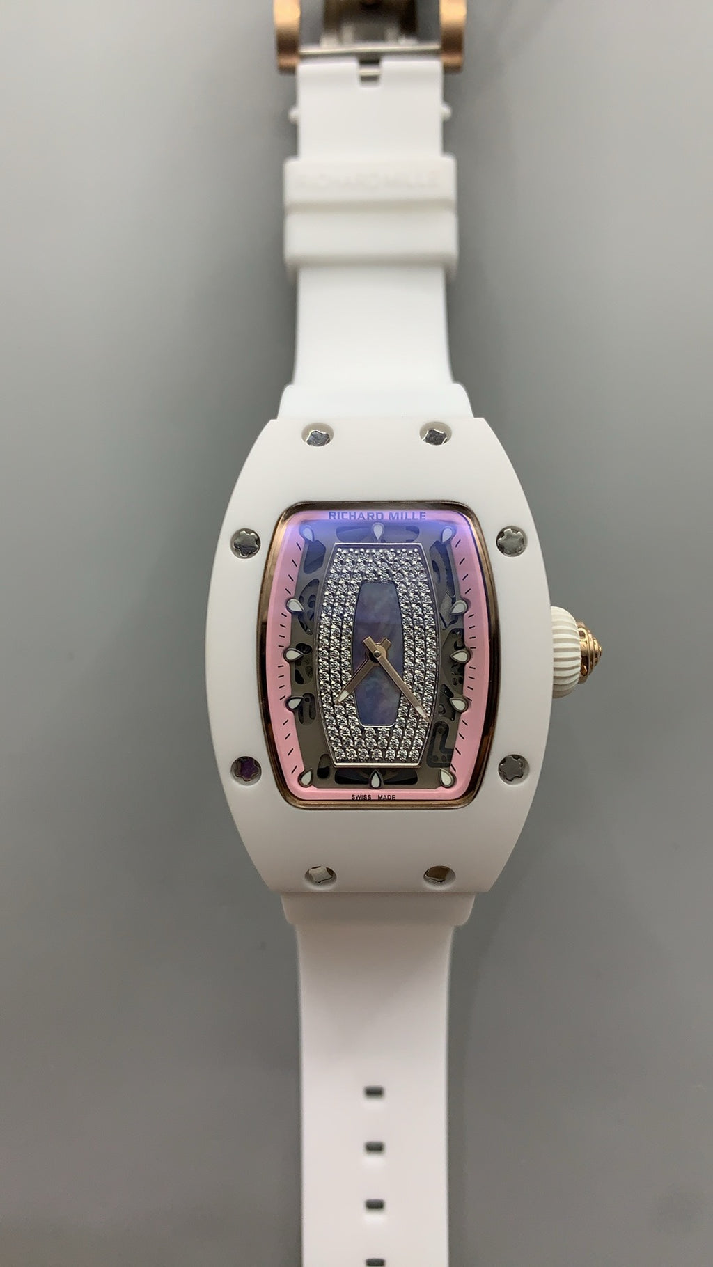 Richard Mille RM07-01 | 31MM | ตัวเรือนเซรามิกสีขาว + โครงสร้างโรสโกลด์ | หน้าปัดสเกเลตัน | กลไกอัตโนมัติ CRMA2