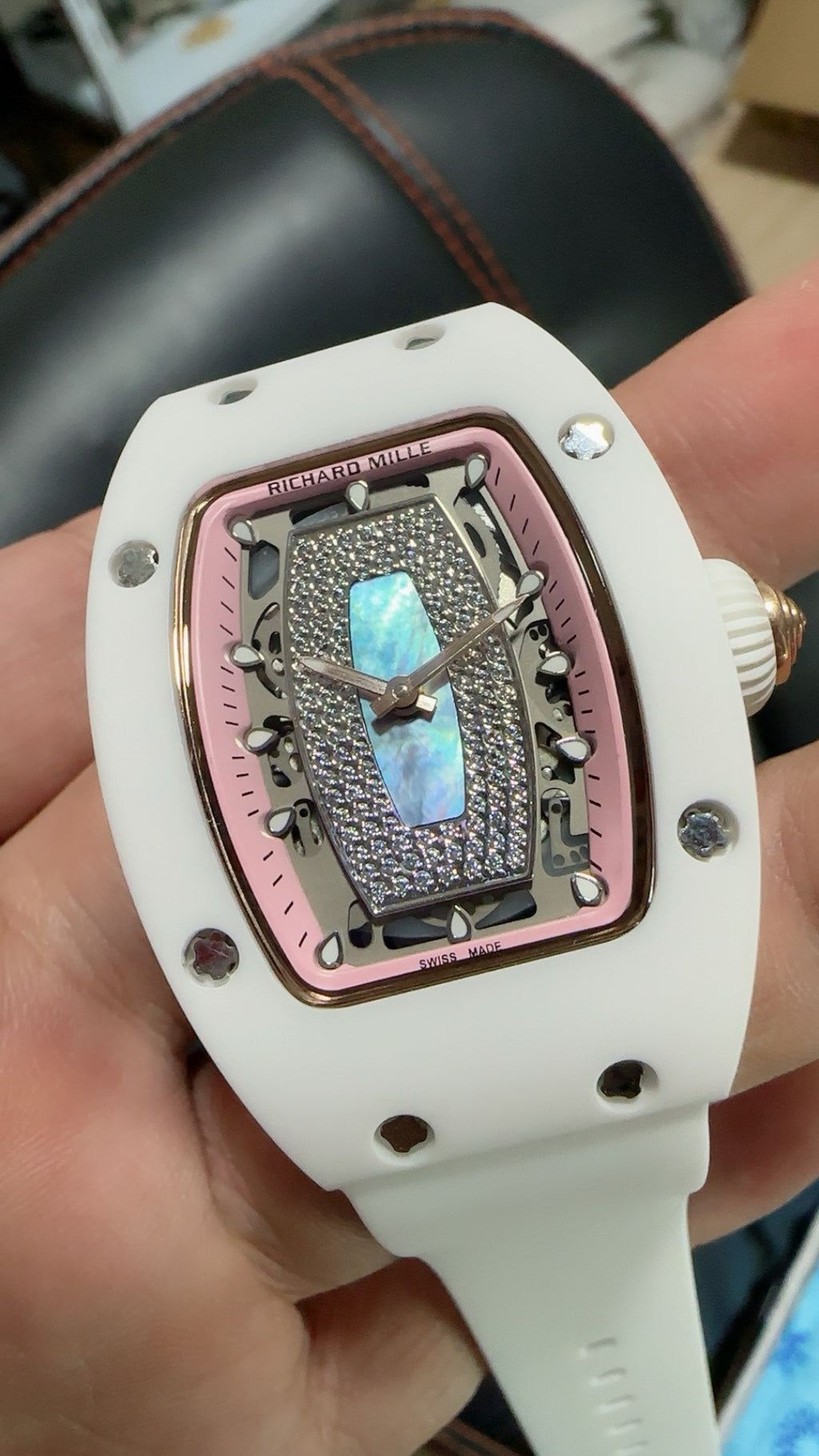 Richard Mille RM07-01 | 31MM | ตัวเรือนเซรามิกสีขาว + โครงสร้างโรสโกลด์ | หน้าปัดสเกเลตัน | กลไกอัตโนมัติ CRMA2