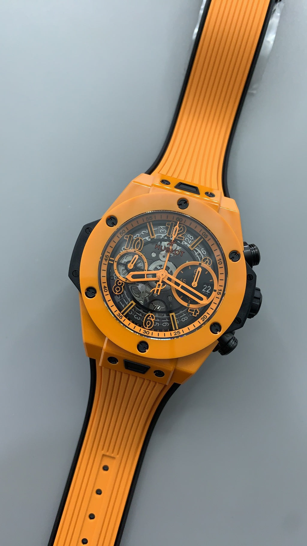 Hublot Big Bang Chronograph | 44MM | ตัวเรือนไทเทเนียม | ขอบเซรามิกสีส้ม | หน้าปัดสเกเลตัน | จับเวลา Chronograph | กลไกอัตโนมัติ HUB4100