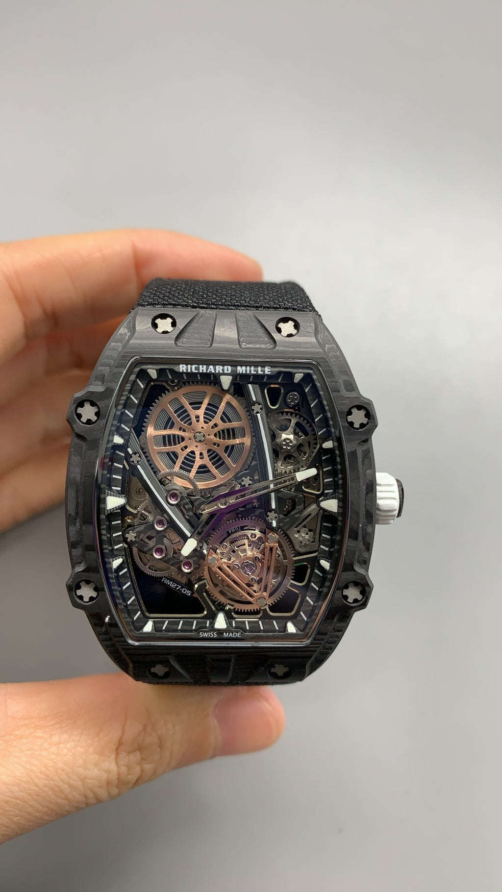Richard Mille RM27-05 | 38.4MM | ตัวเรือนคาร์บอนไฟเบอร์ TPT + โครงไทเทเนียม | น้ำหนักเบาพิเศษ | หน้าปัดสเกเลตัน | กลไกไขลานมือ RM27-05