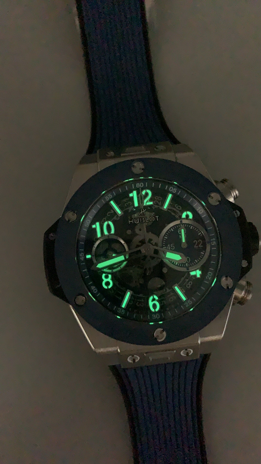 Hublot Big Bang Chronograph | 44MM | ตัวเรือนสแตนเลสสตีล | ขอบเซรามิกสีน้ำเงิน | หน้าปัดสเกเลตัน | จับเวลา Chronograph | กลไกอัตโนมัติ HUB4100