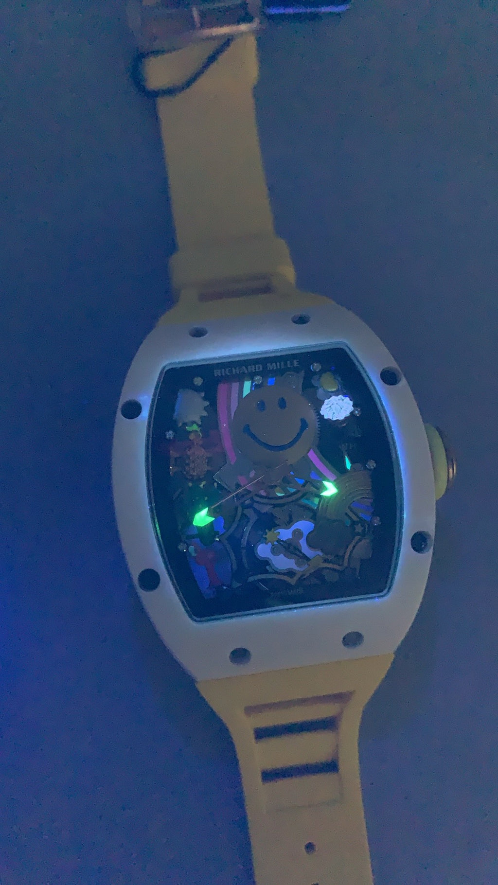 Richard Mille RM88 Smiley | 42.3MM | ตัวเรือนไวท์โกลด์เคลือบ PVD สีทอง | หน้าปัดตกแต่งลาย Smiley | กลไกอัตโนมัติ CRMT7