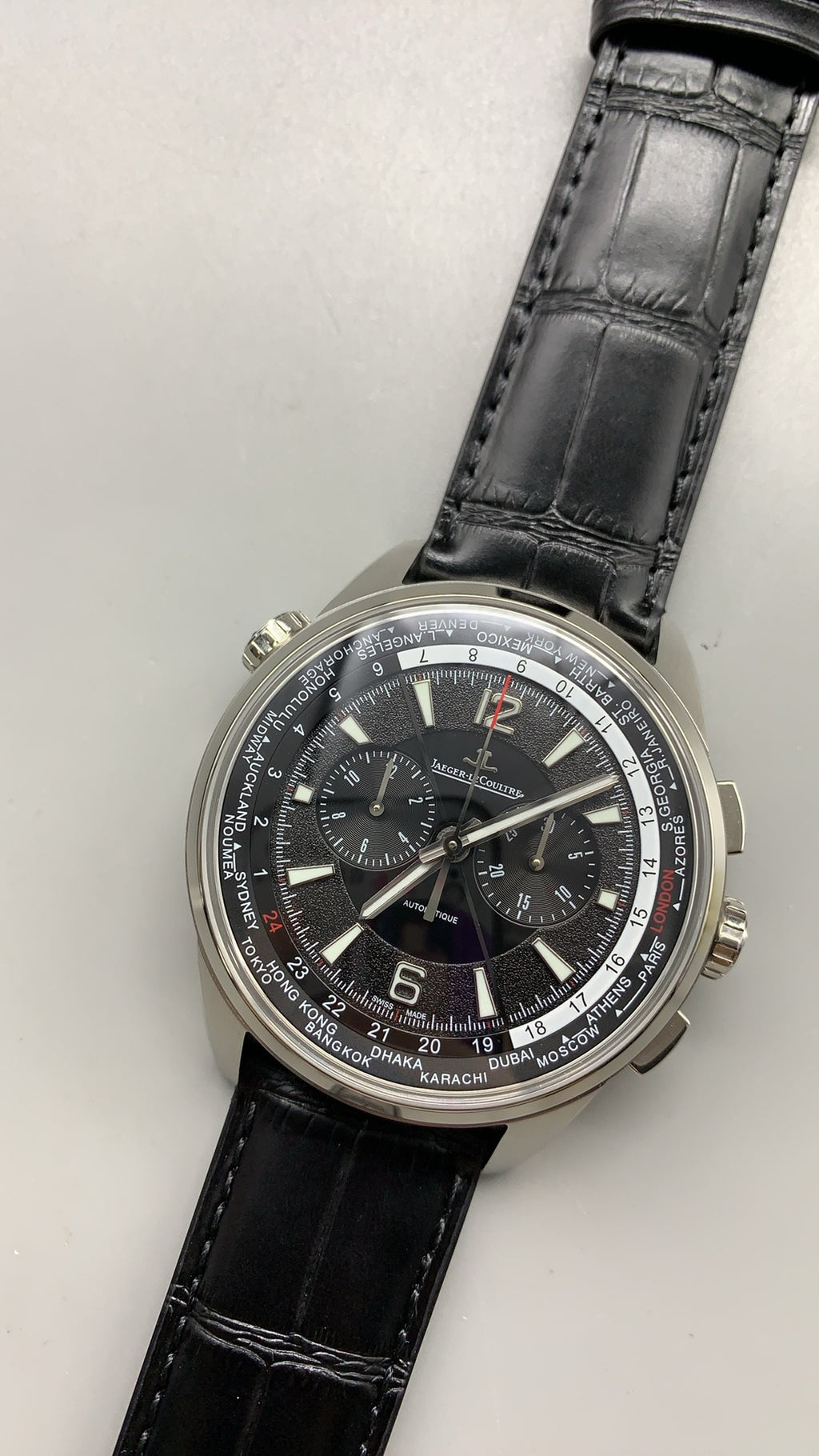 Jaeger-LeCoultre Polaris Chronograph WT | 44MM | Stainless Steel Case | Chronograph + World Time | Black Dial | Black Crocodile Leather Strap | Automatic Movement Cal.752A