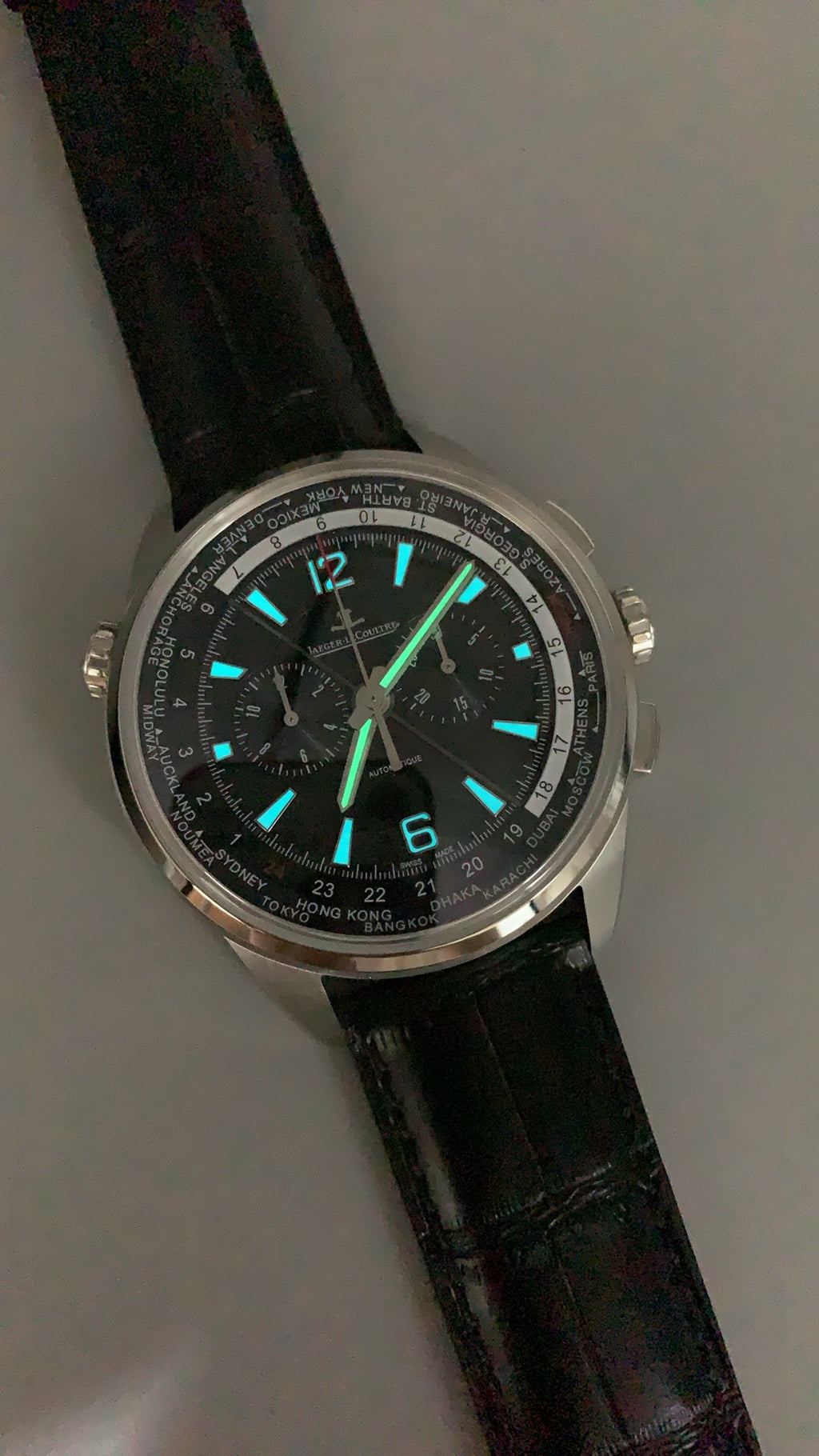 Jaeger-LeCoultre Polaris Chronograph WT | 44MM | Stainless Steel Case | Chronograph + World Time | Black Dial | Black Crocodile Leather Strap | Automatic Movement Cal.752A