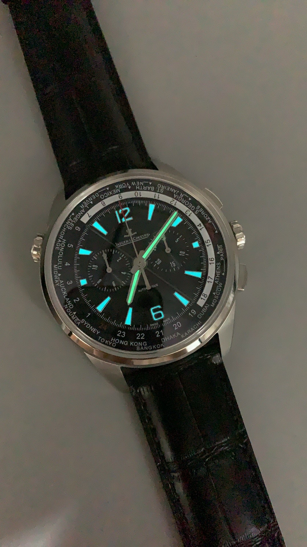 Jaeger-LeCoultre Polaris Chronograph WT | 44MM | Stainless Steel Case | Chronograph + World Time | Black Dial | Black Crocodile Leather Strap | Automatic Movement Cal.752A