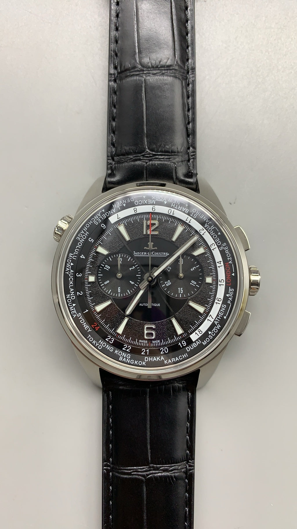 Jaeger-LeCoultre Polaris Chronograph WT | 44MM | Stainless Steel Case | Chronograph + World Time | Black Dial | Black Crocodile Leather Strap | Automatic Movement Cal.752A