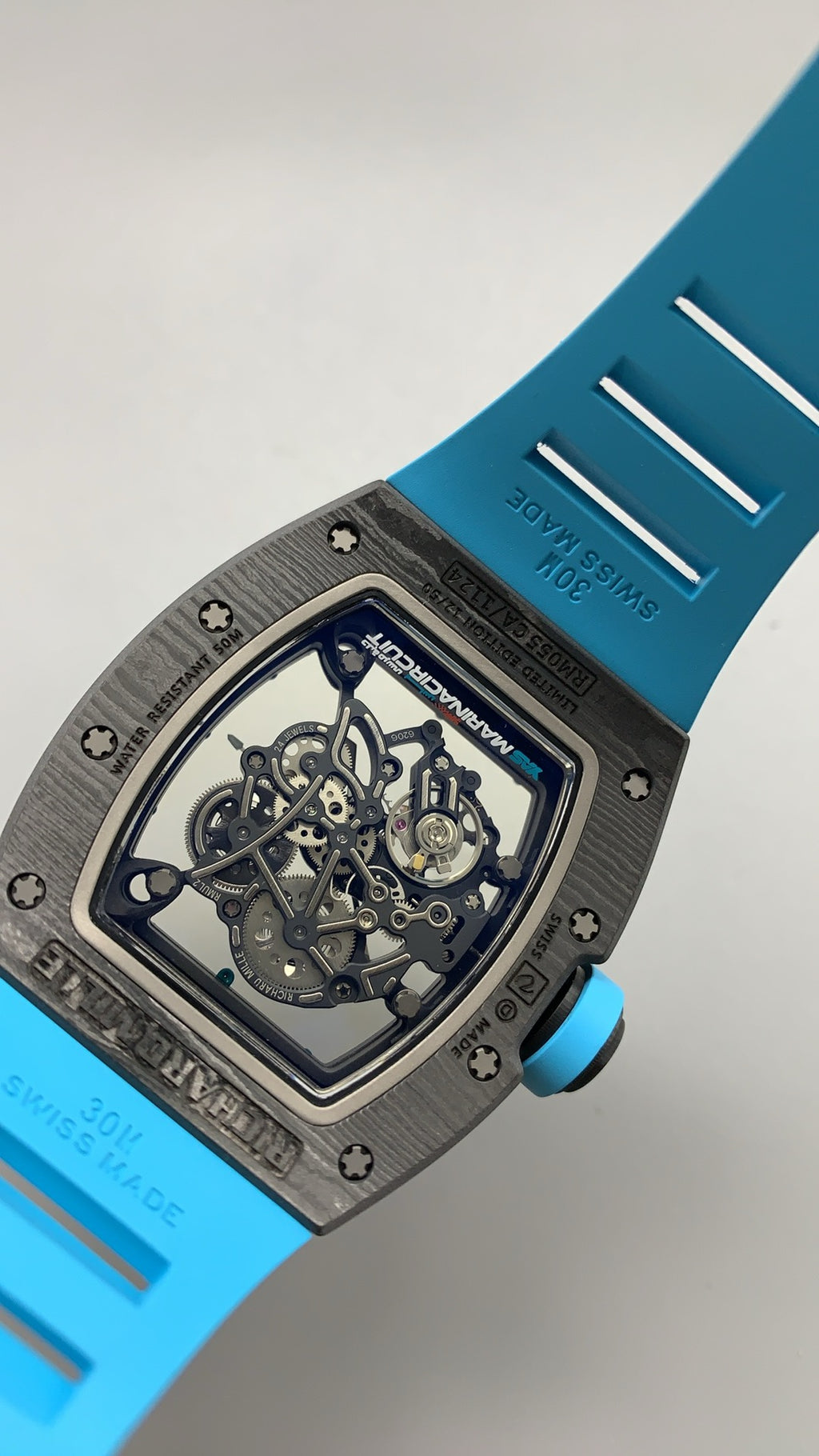 Richard Mille RM055 | 42MM | ตัวเรือนคาร์บอนไฟเบอร์ NTPT + โครงไทเทเนียม | หน้าปัดสเกเลตัน | กลไกไขลานมือ RMUL2