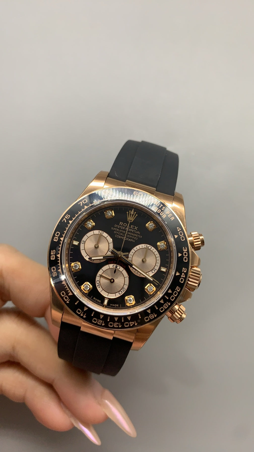 Rolex Daytona 40MM | หน้าปัดสีดำ ประดับเพชร | ตัวเรือนสแตนเลสเคลือบสีโรสโกลด์ PVD