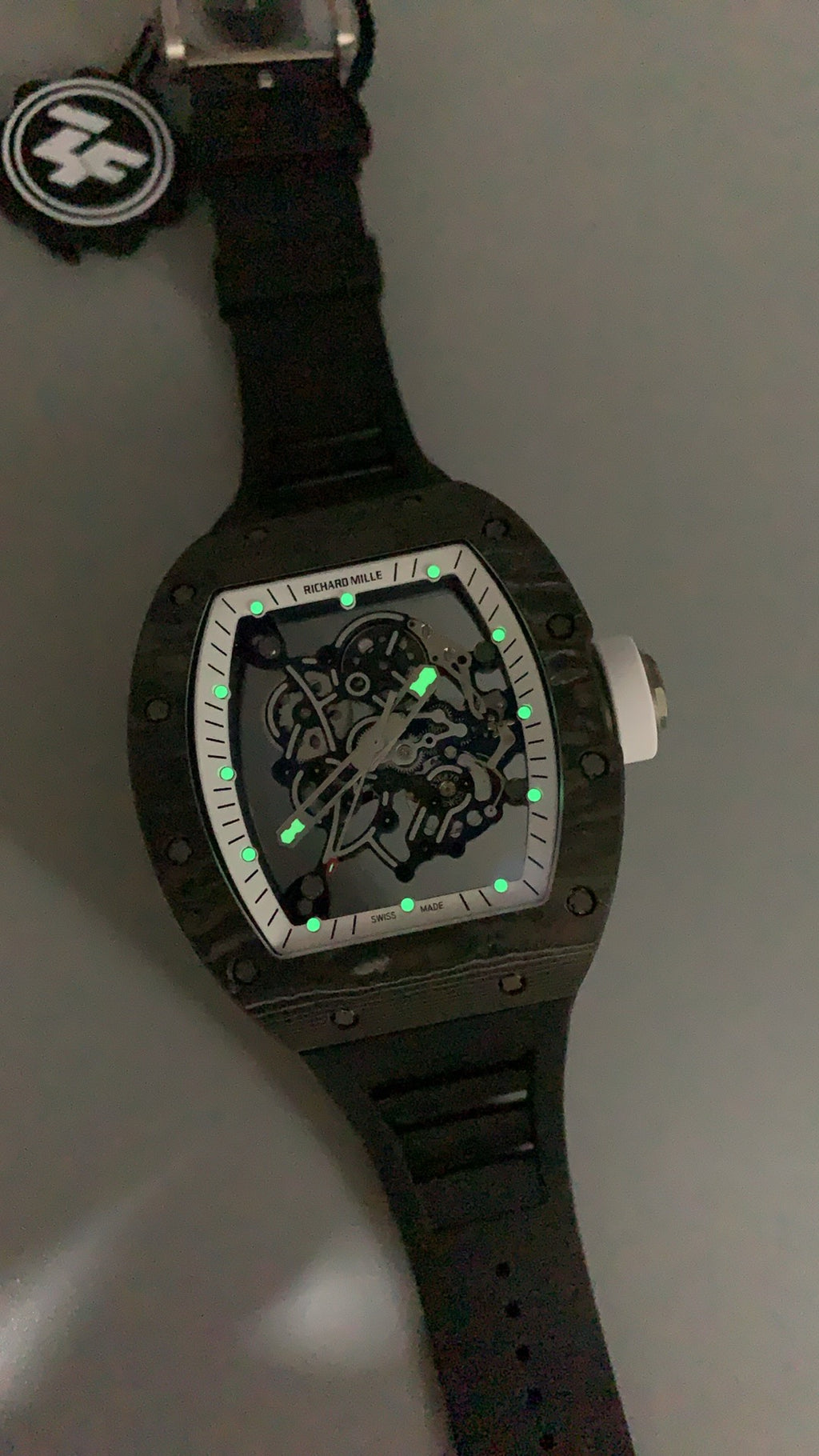 Richard Mille RM055 | 42MM | ตัวเรือนคาร์บอนไฟเบอร์ NTPT + โครงไทเทเนียม | หน้าปัดสเกเลตัน | กลไกไขลานมือ RMUL2
