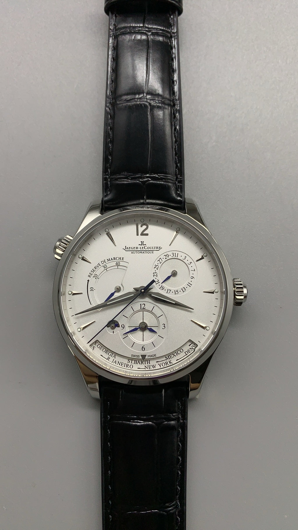 Jaeger-LeCoultre Master Geographic | 39MM | Stainless Steel Case | World Time + Second Time Zone | Silver Dial | Black Alligator Strap | Automatic Movement Cal.939A/1